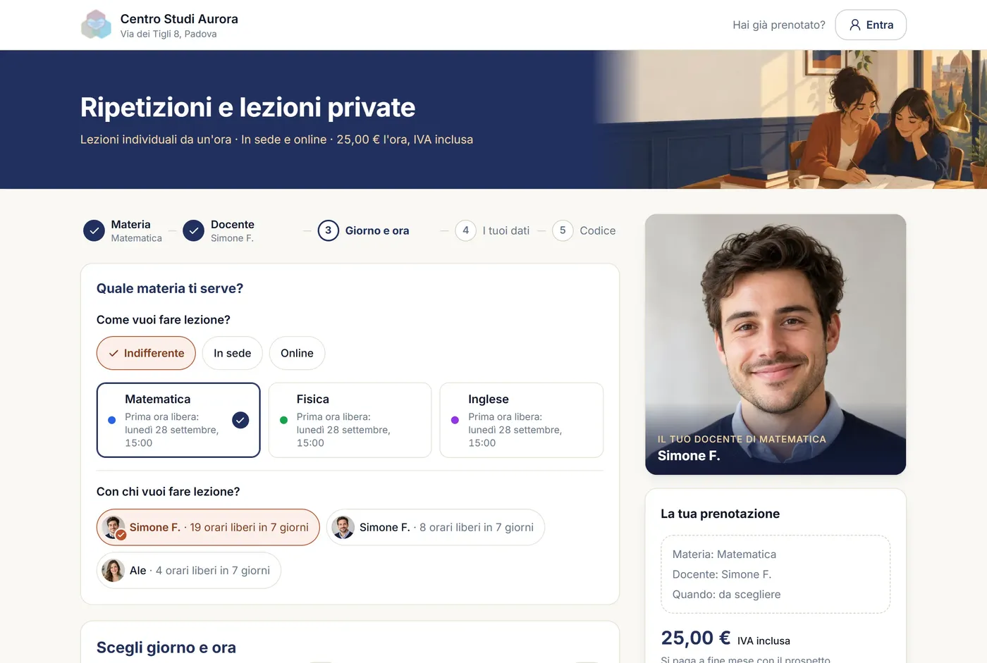 La pagina di prenotazione di LezioniPro: la famiglia sceglie materia, docente e orario